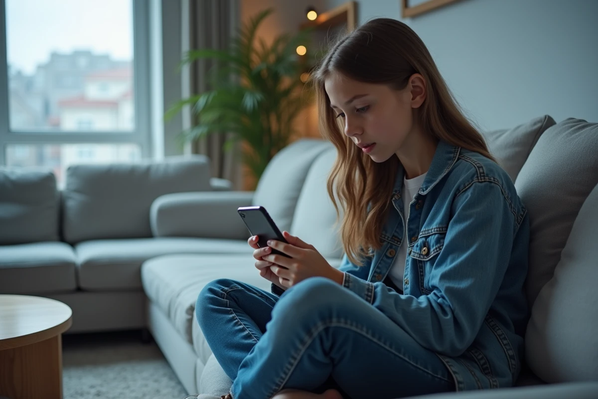 Adolescente jouant à un émulateur Pokémon GBA sur smartphone dans un salon moderne, paramètres d'émulation en français