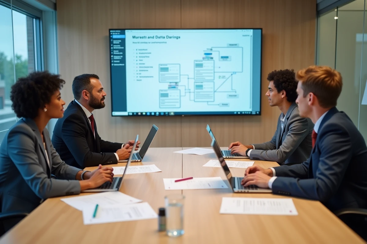 Équipe de professionnels discutant de la normalisation des données MCD et MLD autour d'une table de réunion avec des schémas relationnels imprimés et un écran de présentation