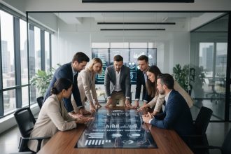 Groupe de professionnels en réunion pour stratégie digitale