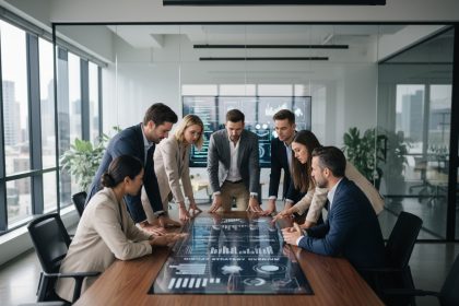 Groupe de professionnels en réunion pour stratégie digitale
