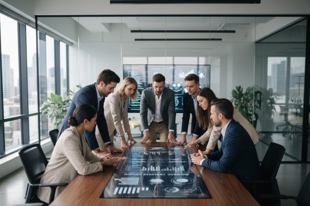 Groupe de professionnels en réunion pour stratégie digitale