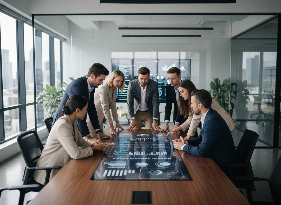Groupe de professionnels en réunion pour stratégie digitale