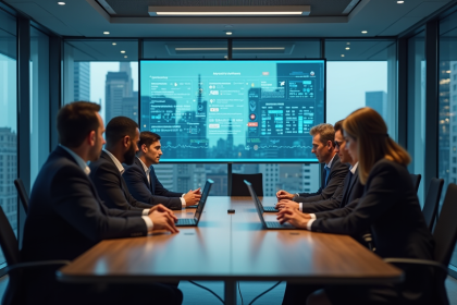 Groupe de professionnels autour d'un tableau digital sur l'automatisation