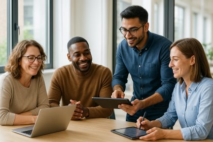 Photo d'une équipe d'entreprise en réunion avec un consultant digital dans un bureau lumineux