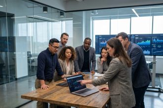 Groupe de professionnels IT en réunion dans un bureau moderne