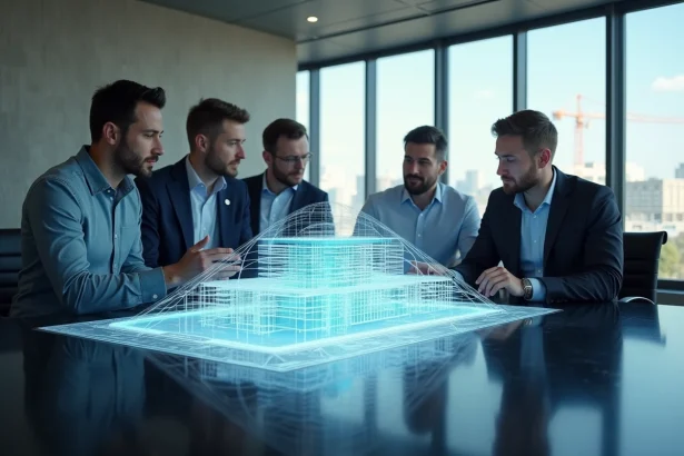 Groupe d'ingénieurs examinant un modèle holographique architectural