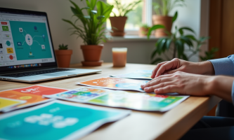 Espace de travail d'un graphiste avec flyers colorés et ordinateur
