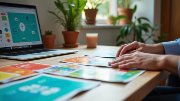 Espace de travail d'un graphiste avec flyers colorés et ordinateur