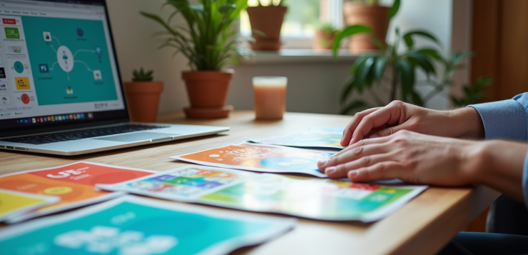 Espace de travail d'un graphiste avec flyers colorés et ordinateur