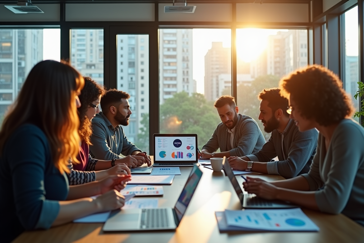 Espace de travail moderne avec équipe marketing brainstorming