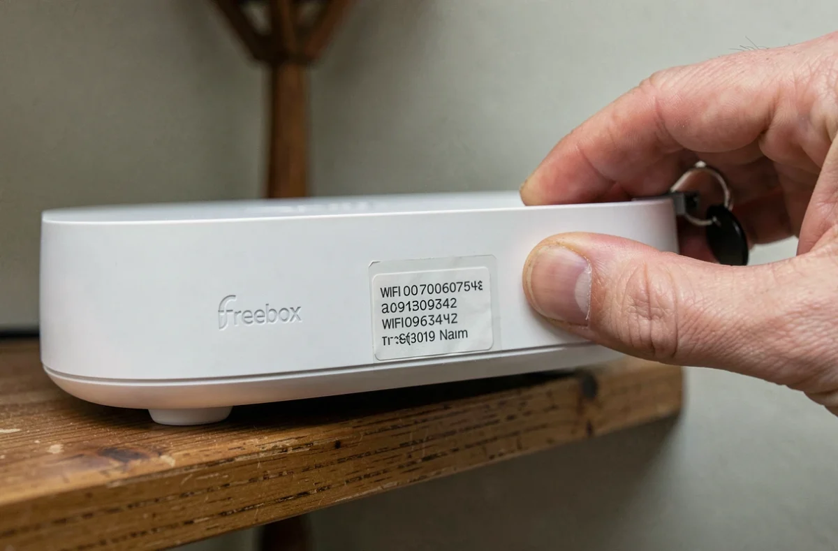 Gros plan sur l'étiquette avec le mot de passe WiFi sous une Freebox Revolution retournée à la main