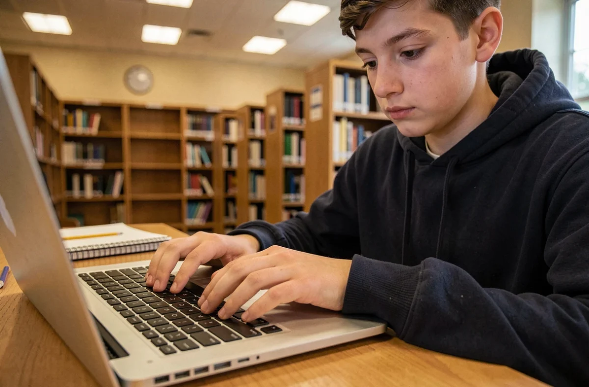 Étudiant en bibliothèque positionnant son auriculaire droit sur la touche Shift d'un clavier d'ordinateur portable