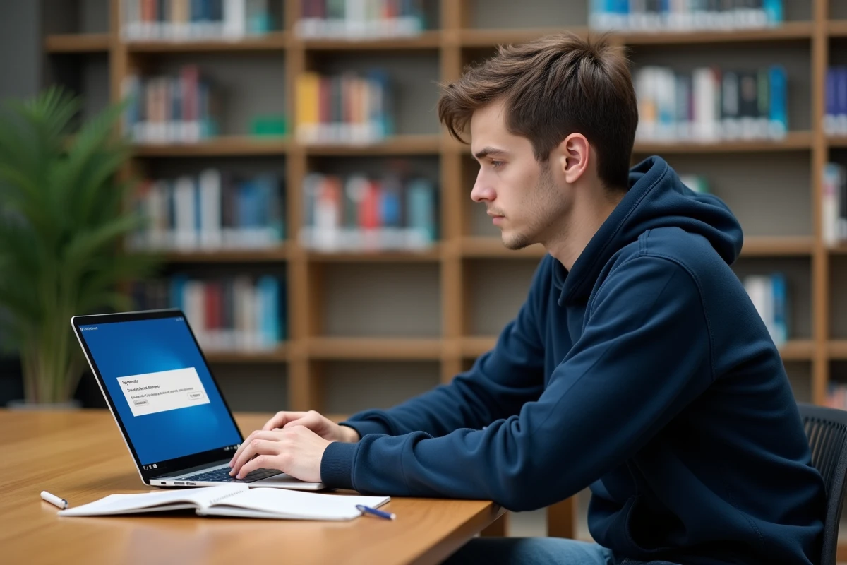 Étudiant universitaire consultant une page d'erreur de connexion sur son ordinateur portable dans une bibliothèque académique