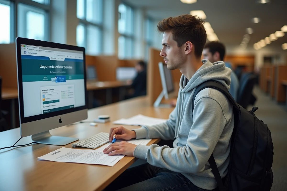 Jeune homme utilisant le portail eservice ESIGELEC sur un ordinateur dans une bibliothèque universitaire