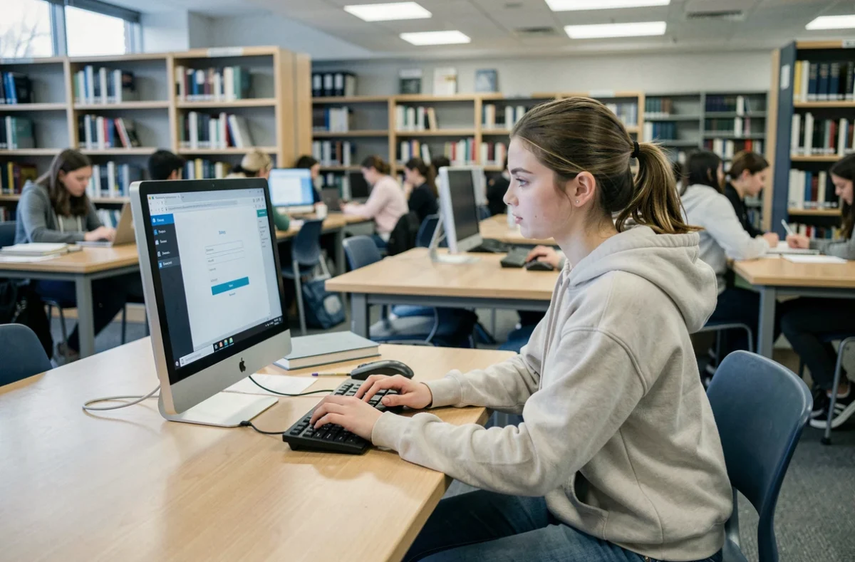 Étudiante utilisant une messagerie académique sur un ordinateur de bibliothèque universitaire