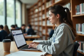 Étudiante utilisant l'email UGA sur son ordinateur portable dans une bibliothèque universitaire pour le travail en groupe