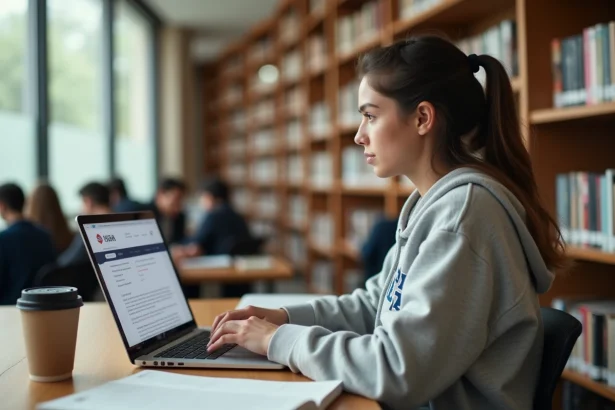 Étudiante utilisant l'email UGA sur son ordinateur portable dans une bibliothèque universitaire pour le travail en groupe