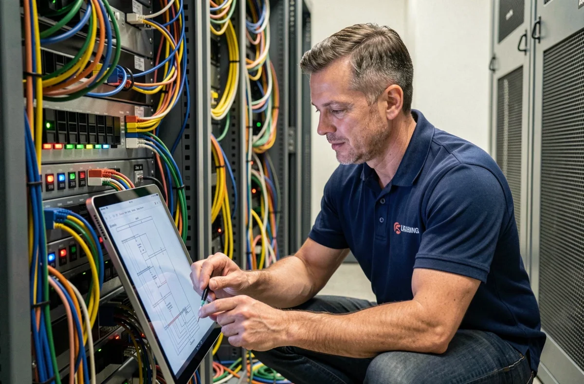 Technicien de l'Européenne de Communication et de Service installant des câbles réseau dans une salle de télécommunications