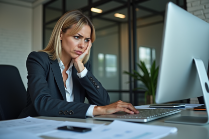 Femme d'affaires réfléchissant devant son ordinateur en bureau moderne