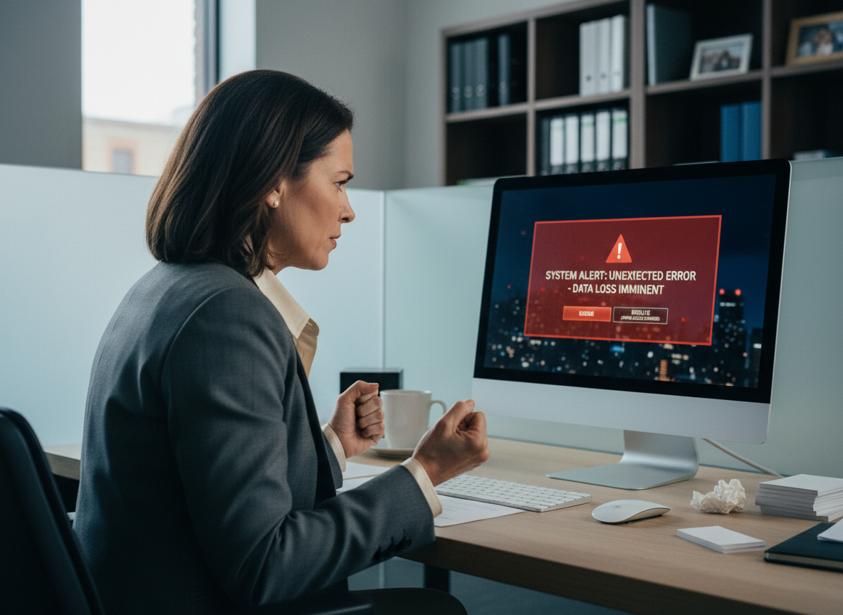 Femme d'affaires frustrée devant son ordinateur au bureau