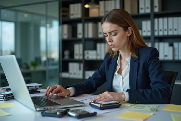Femme d'affaires examine un tableau de stockage cloud au bureau