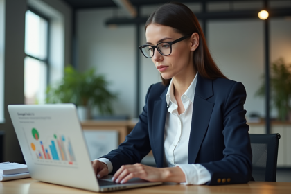Jeune femme d'affaires examine des graphiques sur son ordinateur