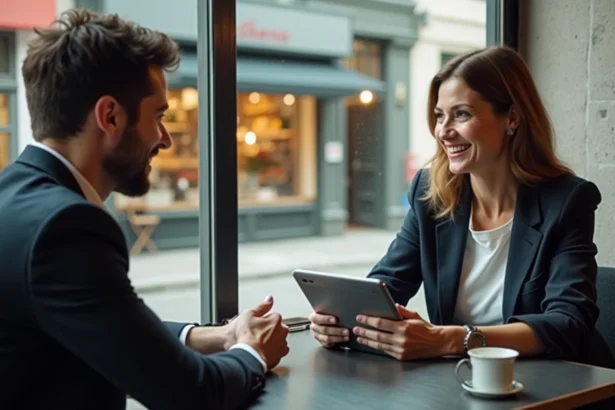 Femme d'affaires souriante avec tablette dans un café