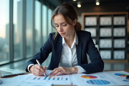 Jeune femme en bureau organise des graphiques de donnees