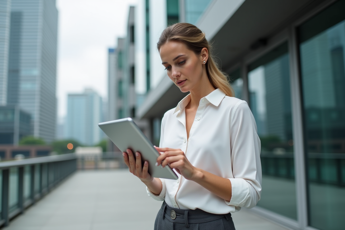 Femme analysant des données SEO devant un bâtiment moderne en ville