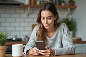 Femme consultant son application mobile Réglo Mobile sur smartphone dans une cuisine moderne