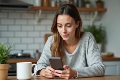 Femme consultant son application mobile Réglo Mobile sur smartphone dans une cuisine moderne