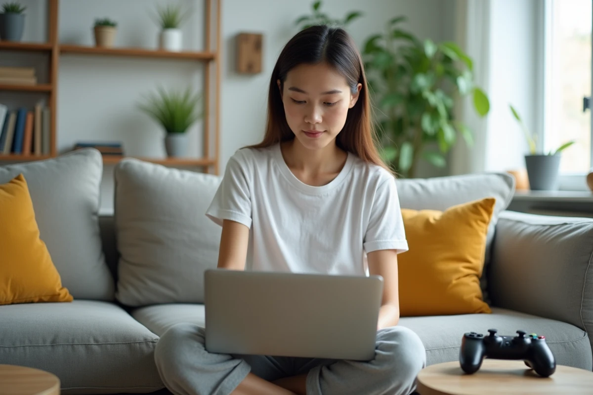 Femme de vingt ans utilisant un ordinateur portable pour Valorant