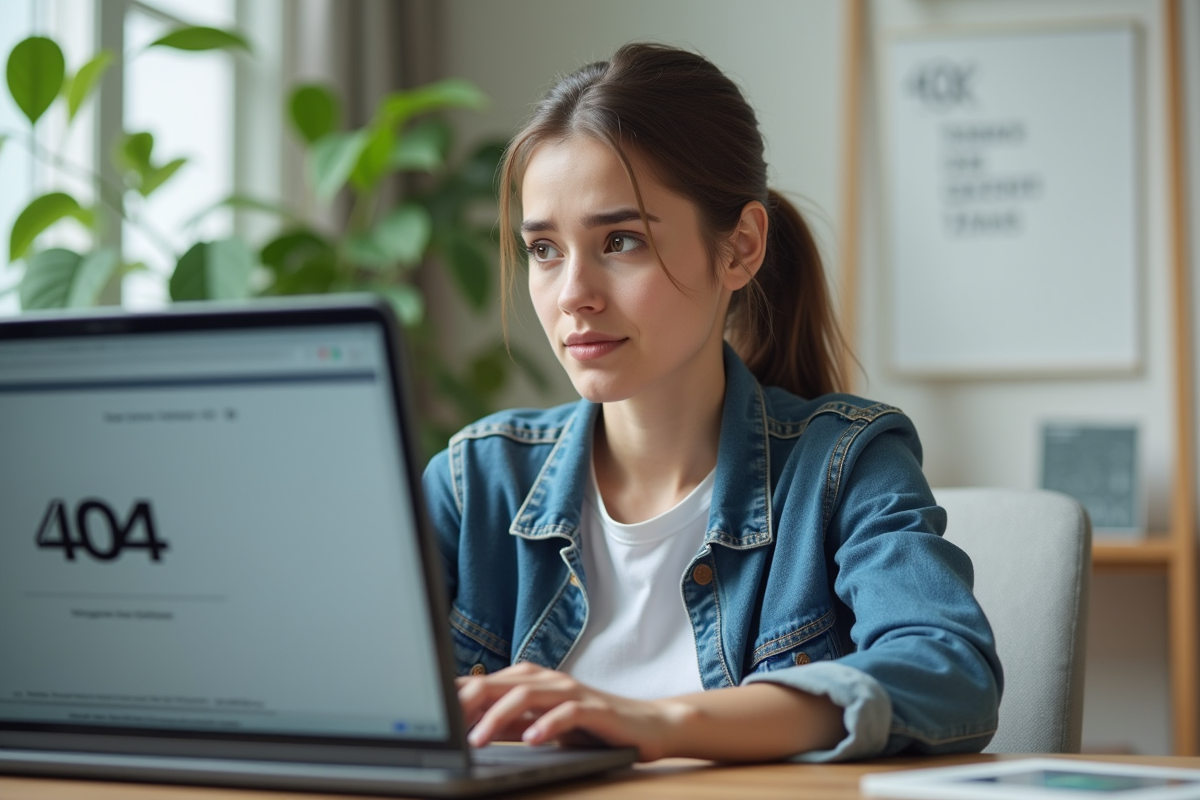 Jeune femme au bureau regardant un écran 404 erreur