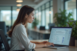 Femme concentrée travaillant sur un ordinateur avec base de données Access