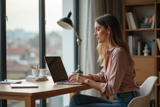 Femme travaillant sur son ordinateur dans un bureau moderne