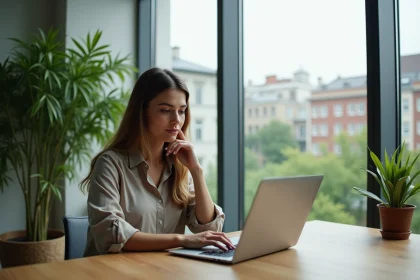 Jeune femme au bureau moderne et durable
