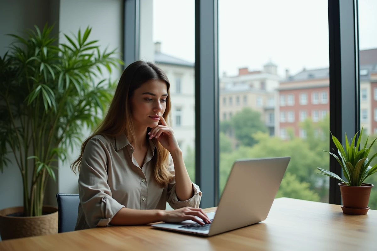 Jeune femme au bureau moderne et durable