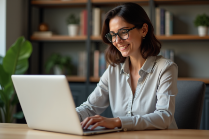 Femme concentrée utilisant un ordinateur pour naviguer sur un site d'extensions OpenOffice