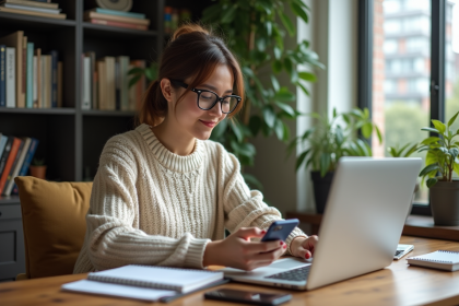Femme en bureau cosy avec ordinateur et plantes