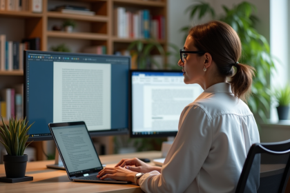 Femme comparant LibreOffice et Word sur son bureau à domicile