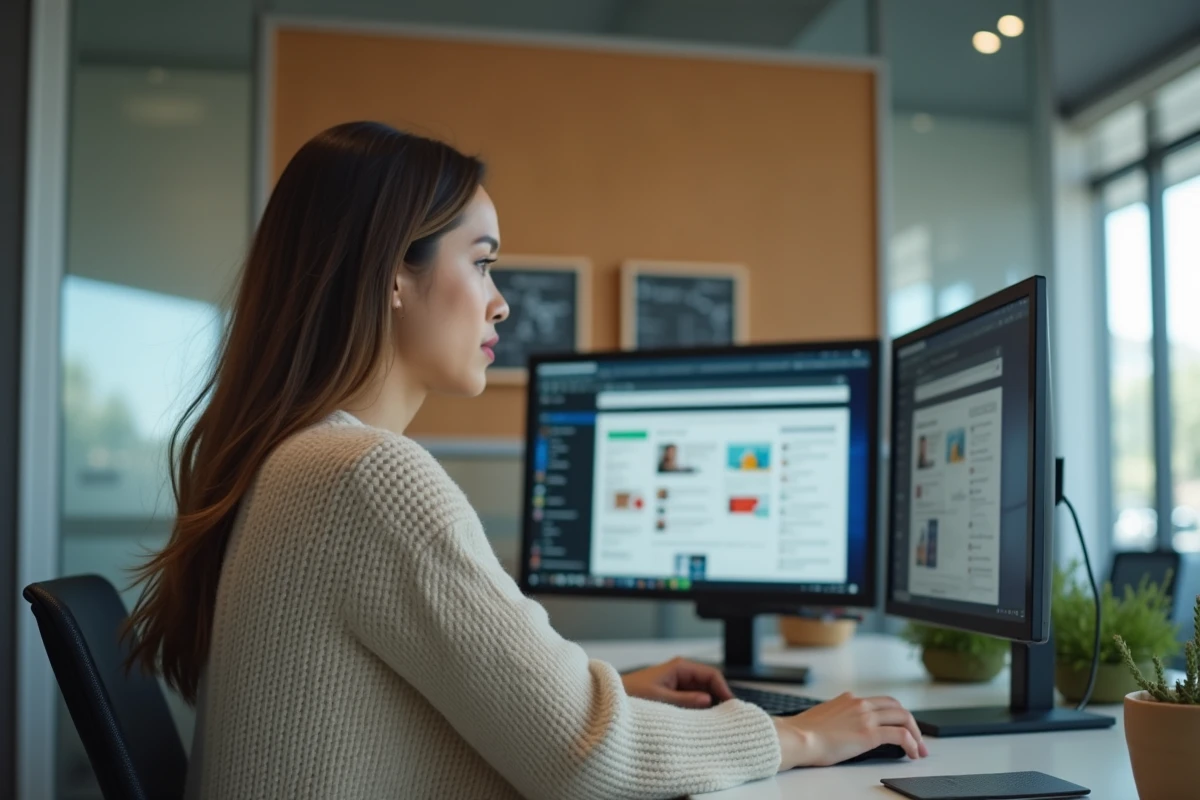 Femme en bureau moderne utilisant un ordinateur avec plusieurs navigateurs