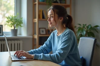 Jeune femme concentrée travaillant sur son ordinateur dans un bureau moderne
