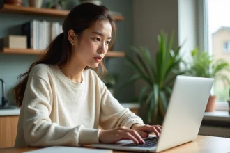 Jeune femme utilisant un ordinateur dans une cuisine lumineuse