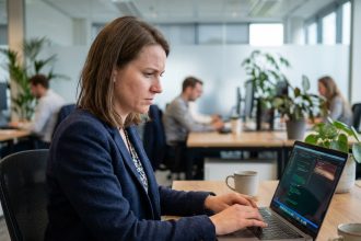 Femme concentrée travaillant sur son ordinateur au bureau