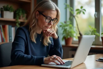 Femme d'âge moyen travaillant sur un ordinateur dans un bureau cosy