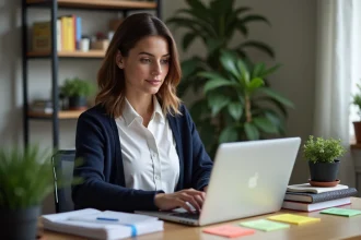 Jeune femme au bureau tapant sur un ordinateur avec notes colorées