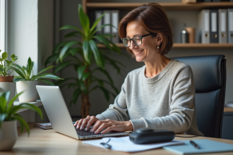 Femme d'âge moyen utilisant un ordinateur avec lecteur d'écran
