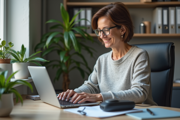Femme d'âge moyen utilisant un ordinateur avec lecteur d'écran