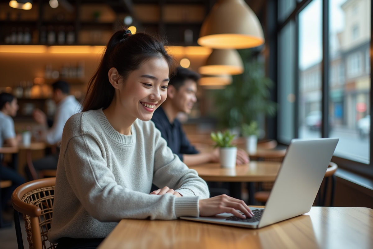 Jeune femme au café utilisant un ordinateur portable avec graphiques