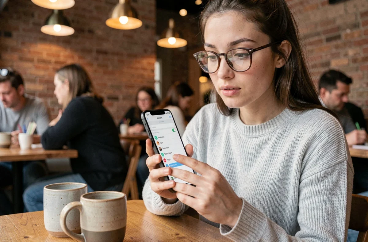 Jeune femme dans un café configurant une sonnerie personnalisée sur son iPhone pour un contact spécifique